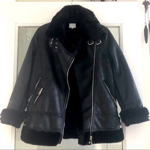 Oversized faux leather fur lined aviator coat